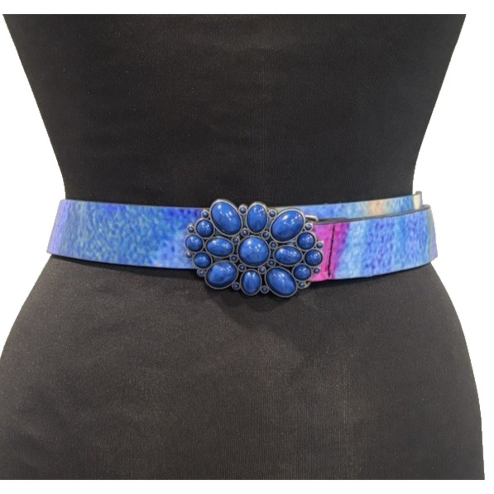 Boho Hippie Belt With Royal Blue Faux Stones Embellished Buckle Blue Red NEW